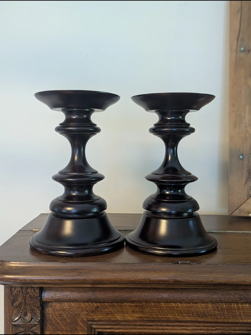 Pottery Barn Dark Brown Turned Wood Pillar Candlesticks - Pair